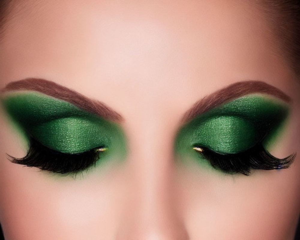 Detailed Close-Up of Vibrant Green Eyeshadow and Winged Eyeliner