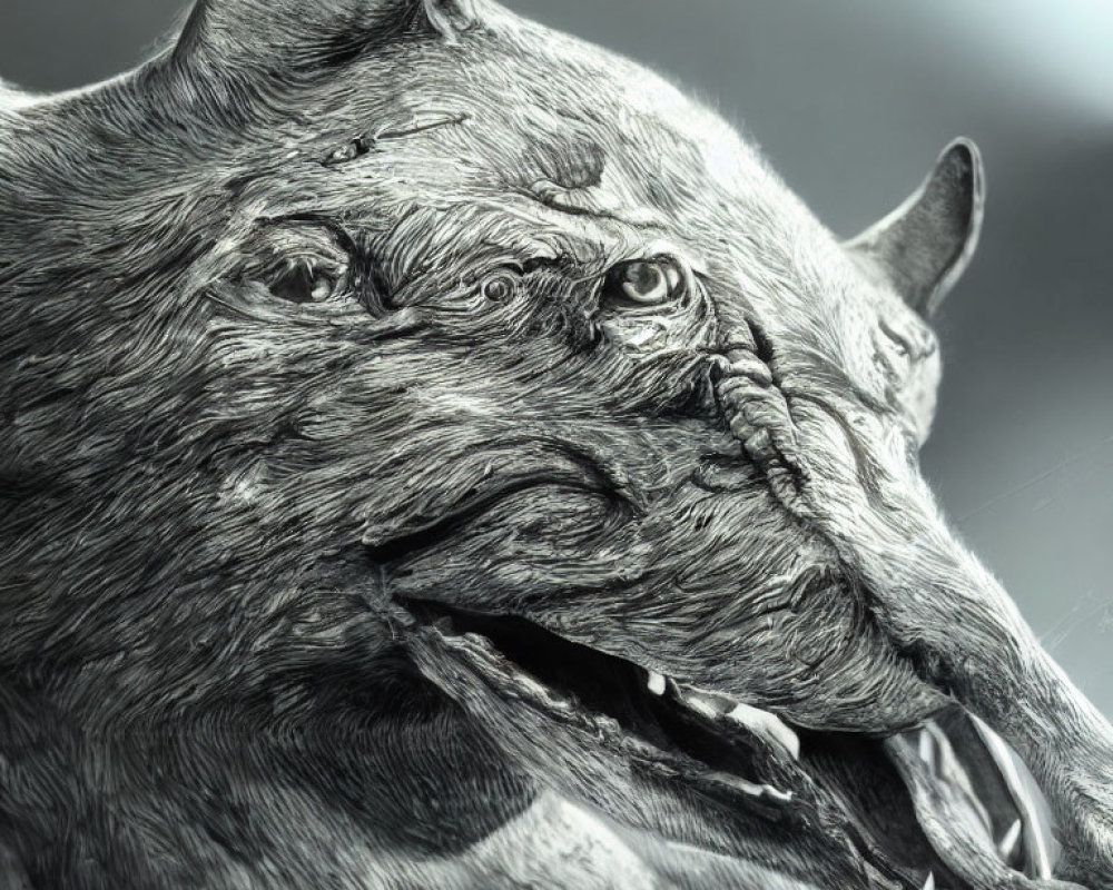 Detailed monochromatic drawing of a snarling wolf with intense eyes and sharp teeth.