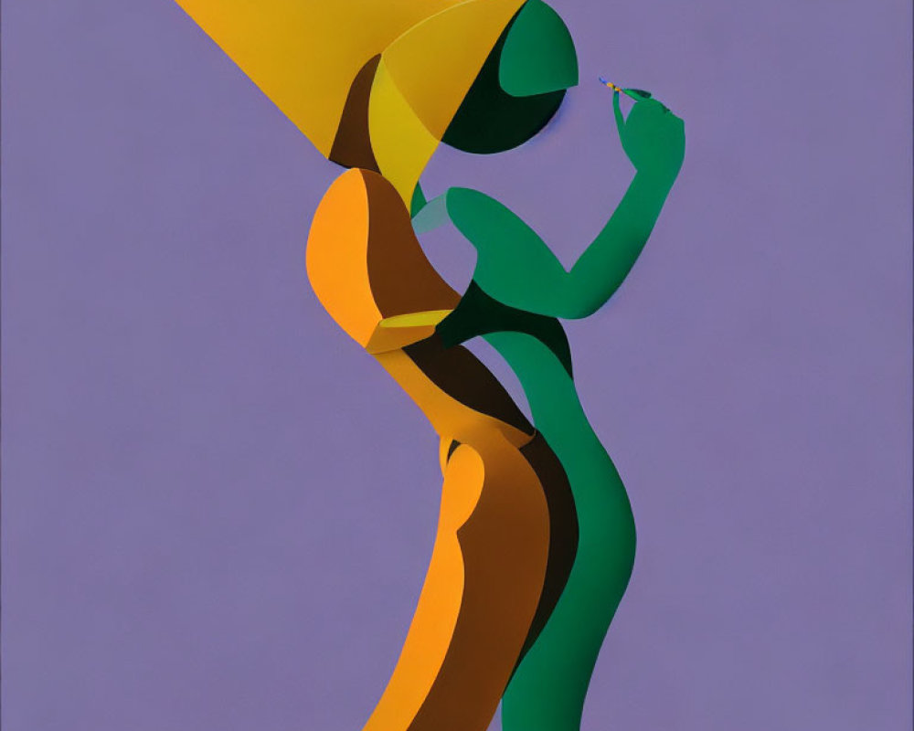 Colorful Abstract Sculpture of Stylized Figure in Green and Orange on Purple Background