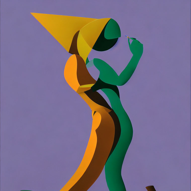 Colorful Abstract Sculpture of Stylized Figure in Green and Orange on Purple Background