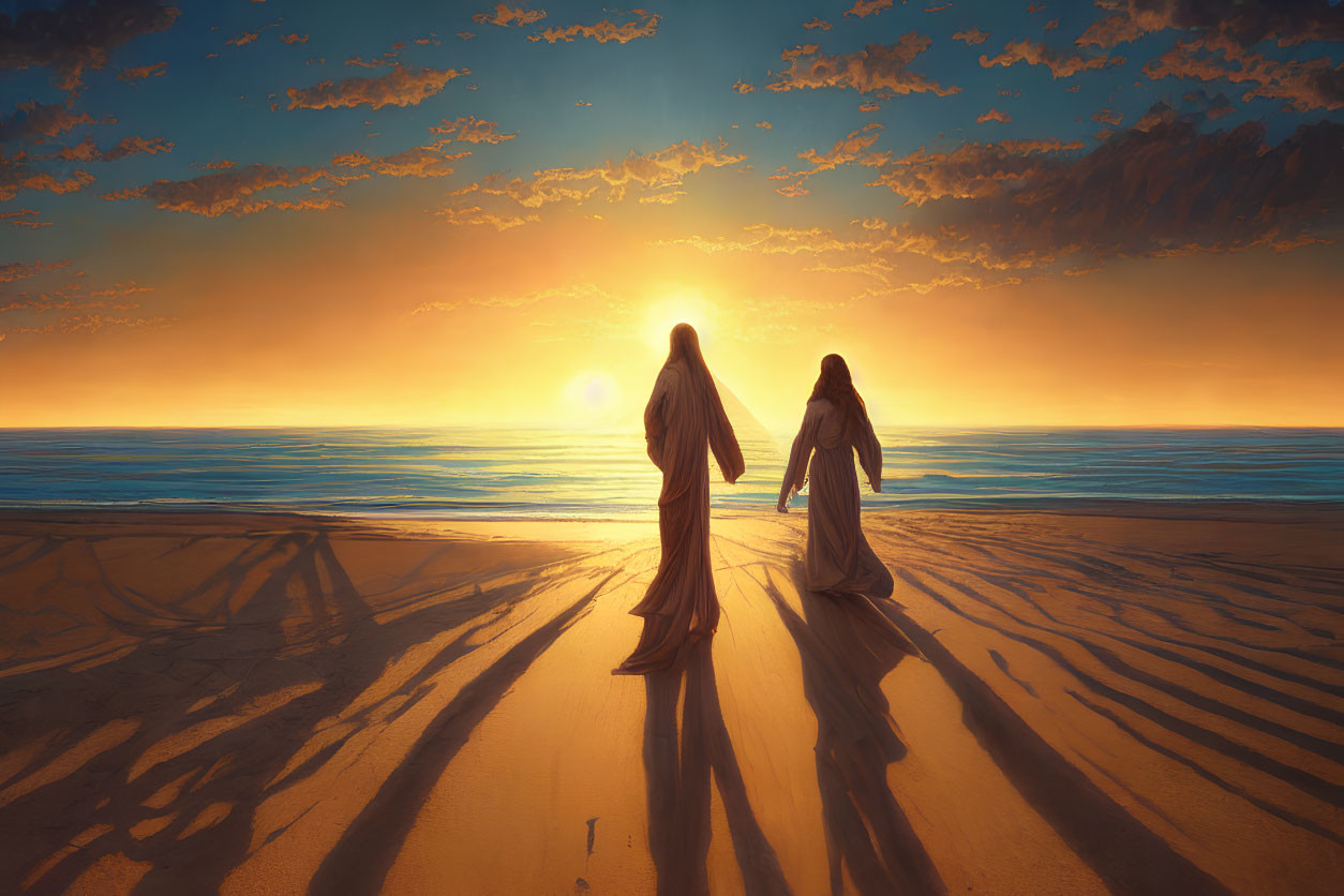 Two people walking on beach at sunset with long shadows and golden reflections.