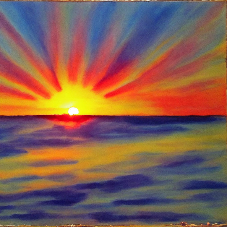 Colorful Sunset Painting with Radiant Sun Rays and Calm Blue Sea