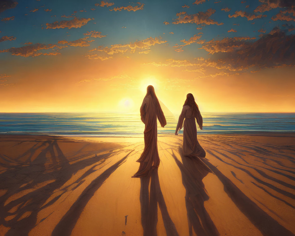 Two people walking on beach at sunset with long shadows and golden reflections.