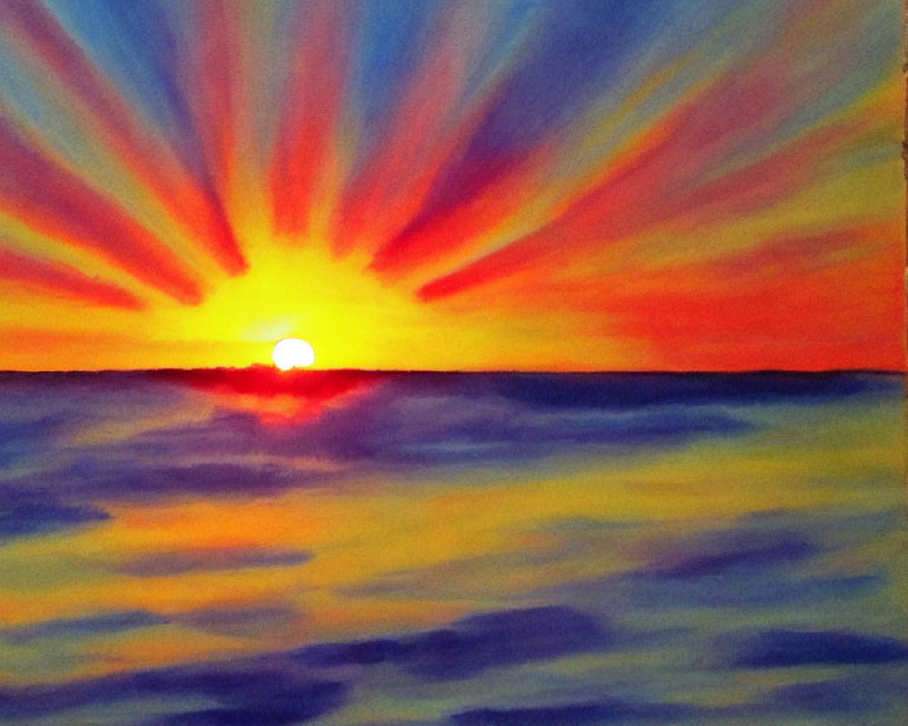 Colorful Sunset Painting with Radiant Sun Rays and Calm Blue Sea