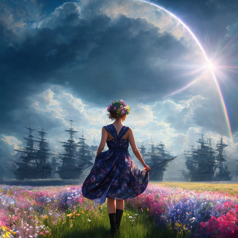 Woman in floral dress in meadow with ships and rainbow under dramatic sky