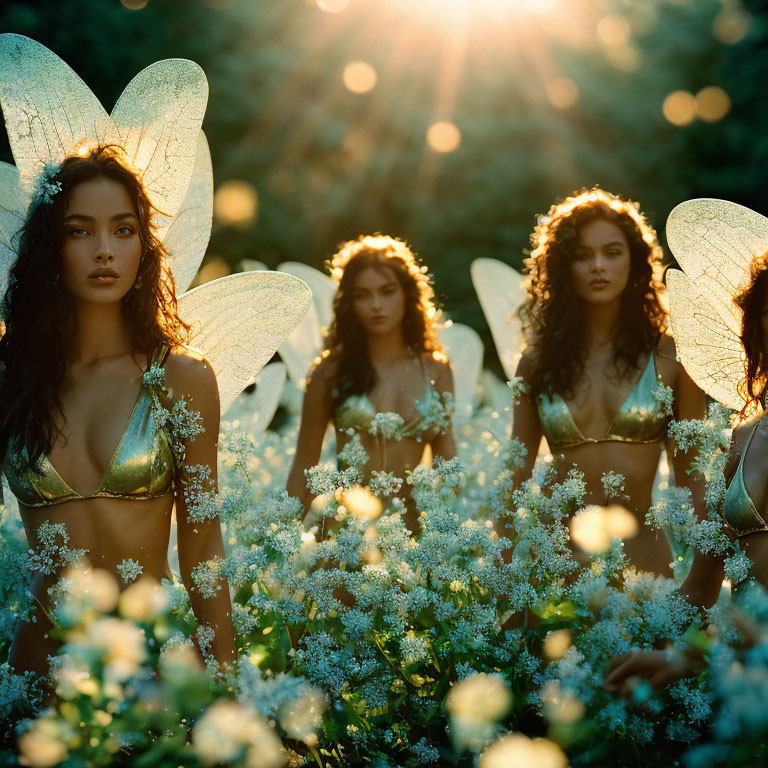 Three fairy-winged figures in a white flower field under dappled sunlight