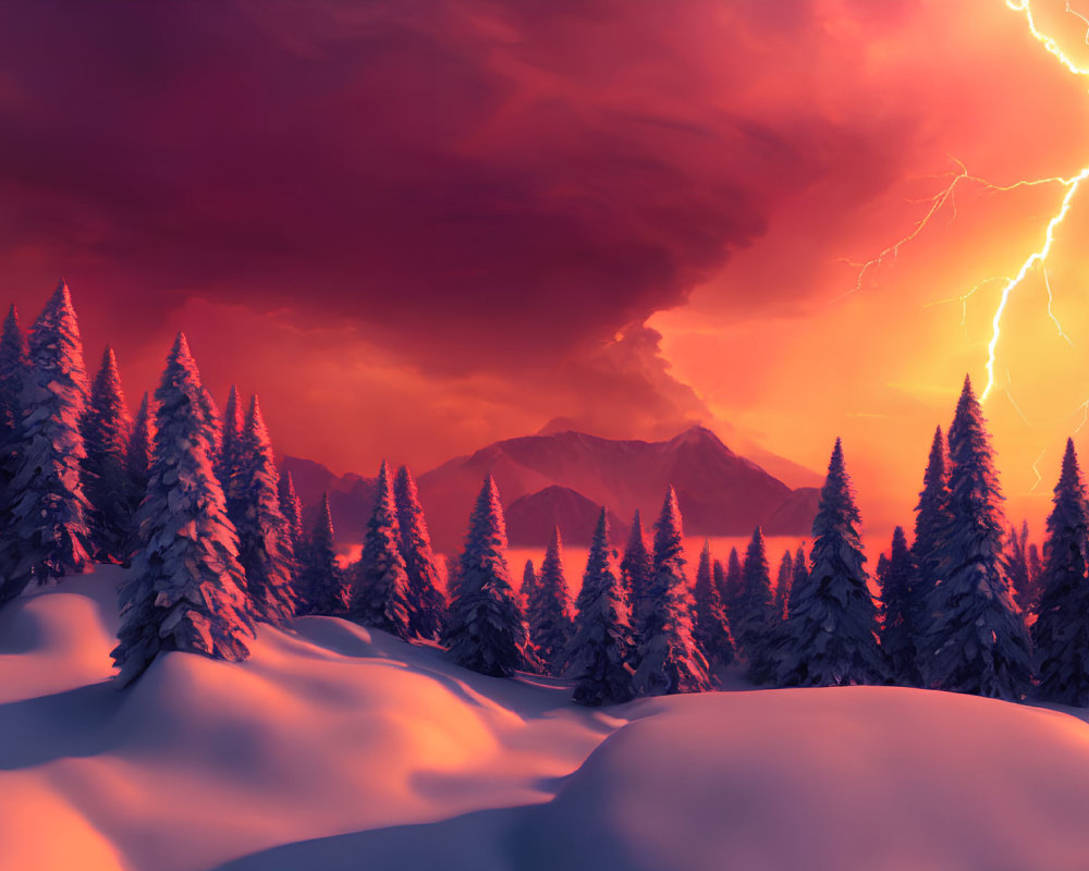 Snow-covered pine trees under red sky with lightning bolt illuminating mountains