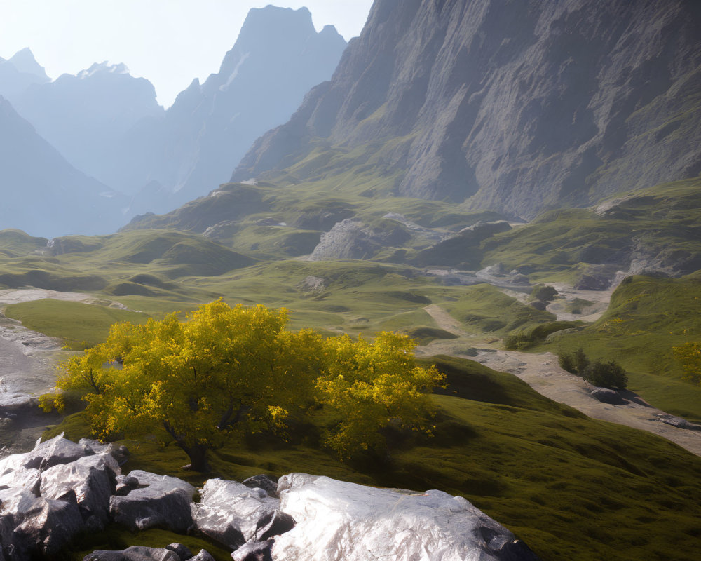 Yellow-Leafed Tree in Lush Green Valley Surrounded by Mountains