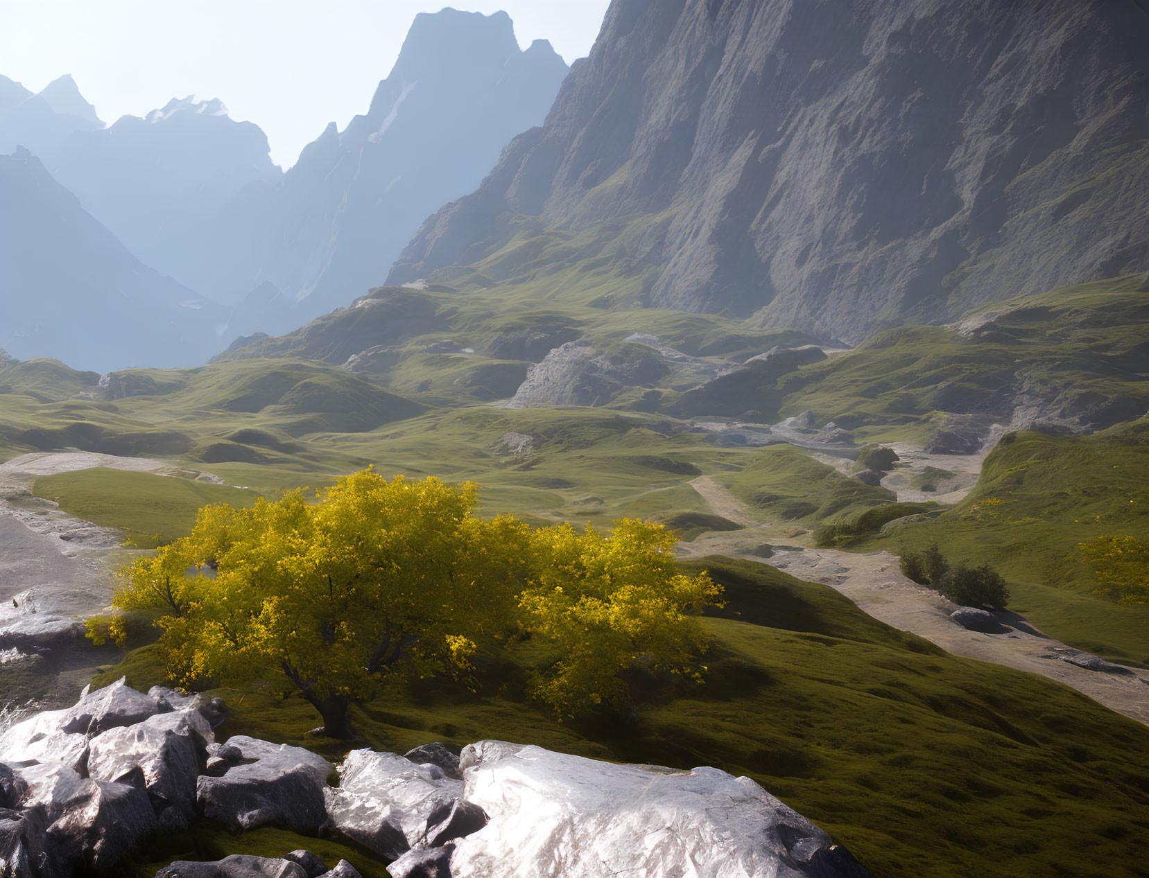 Yellow-Leafed Tree in Lush Green Valley Surrounded by Mountains