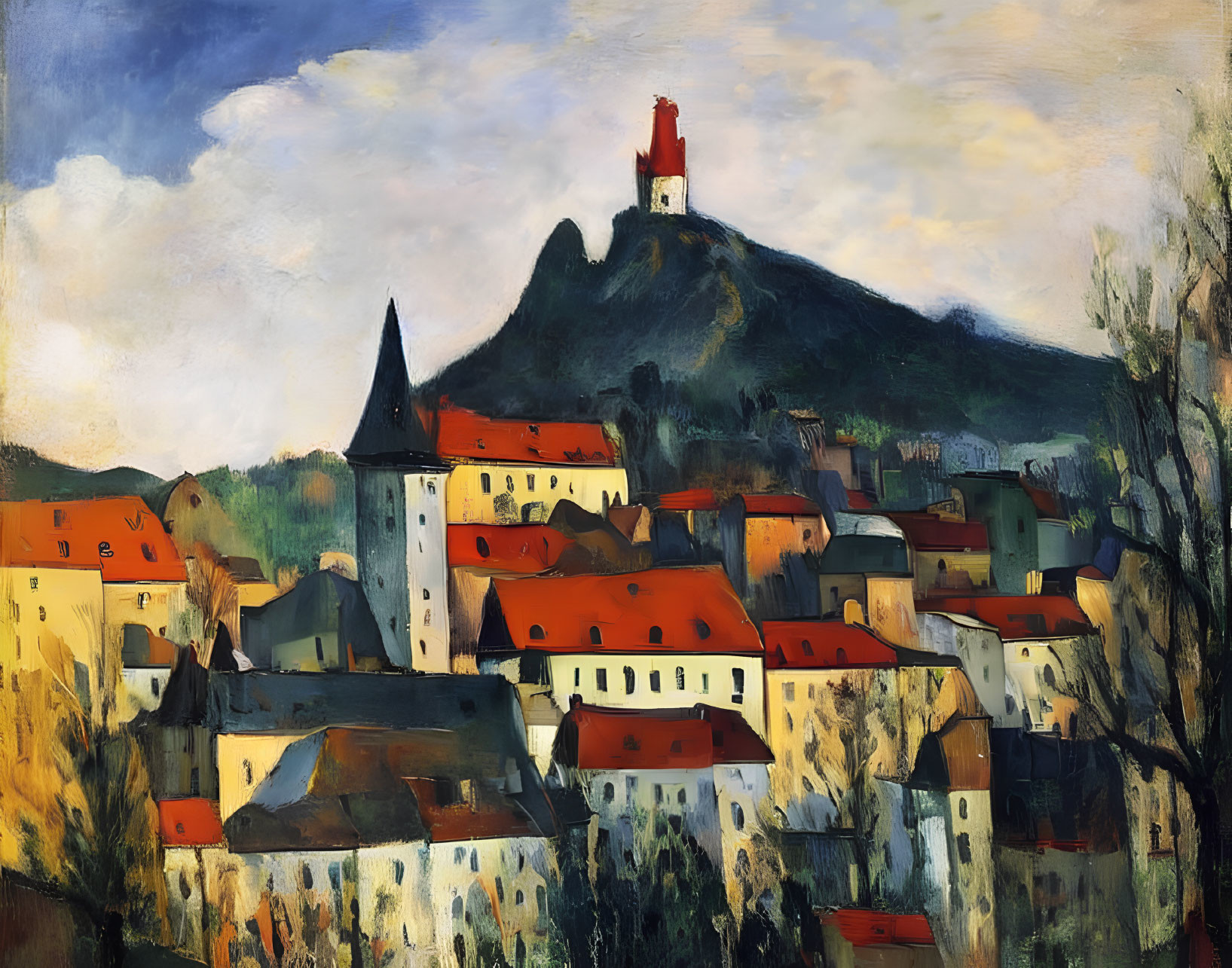 Vibrant expressionist painting of hilltop village with church spire and castle