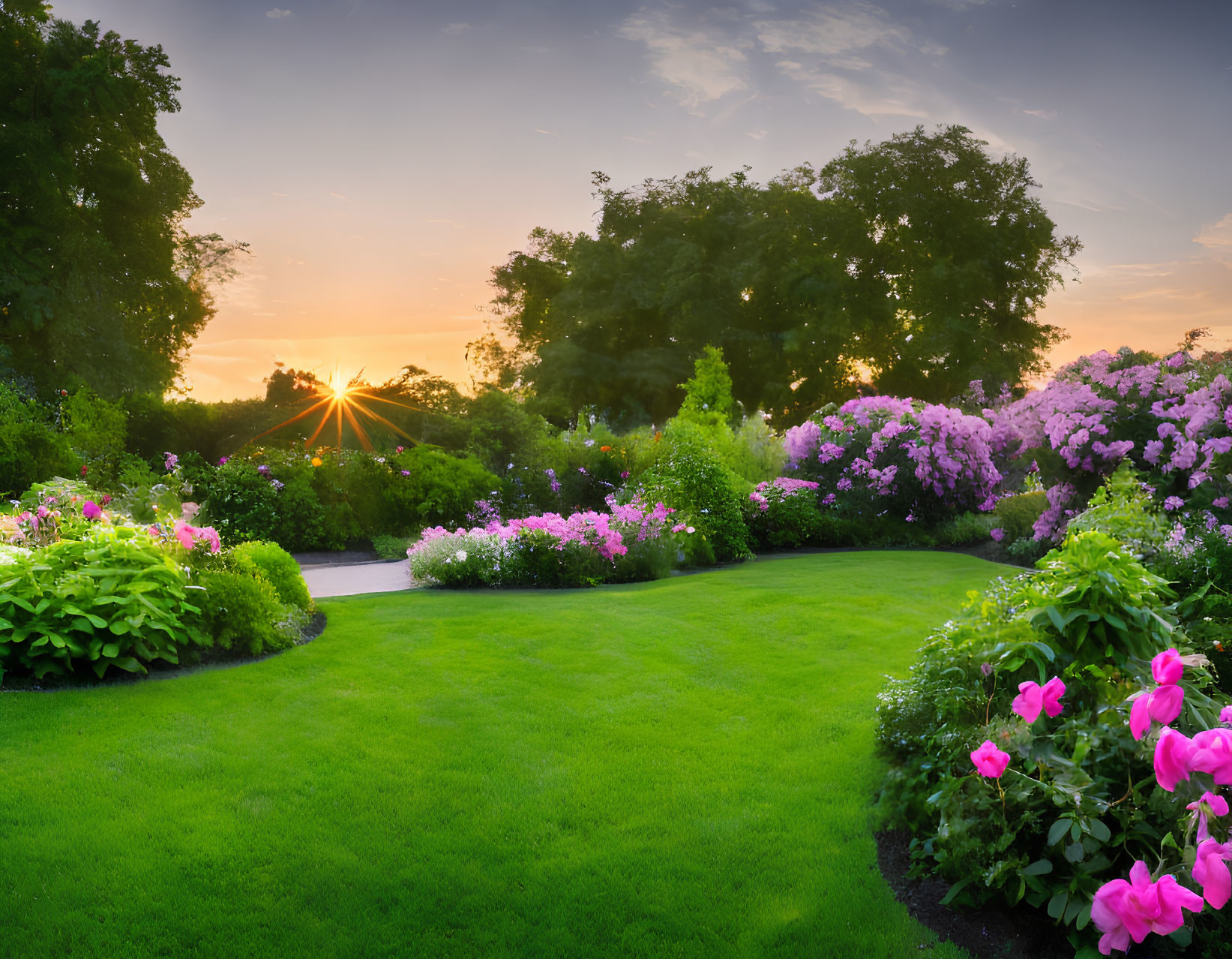 Tranquil sunset garden with vibrant flowers and lush greenery