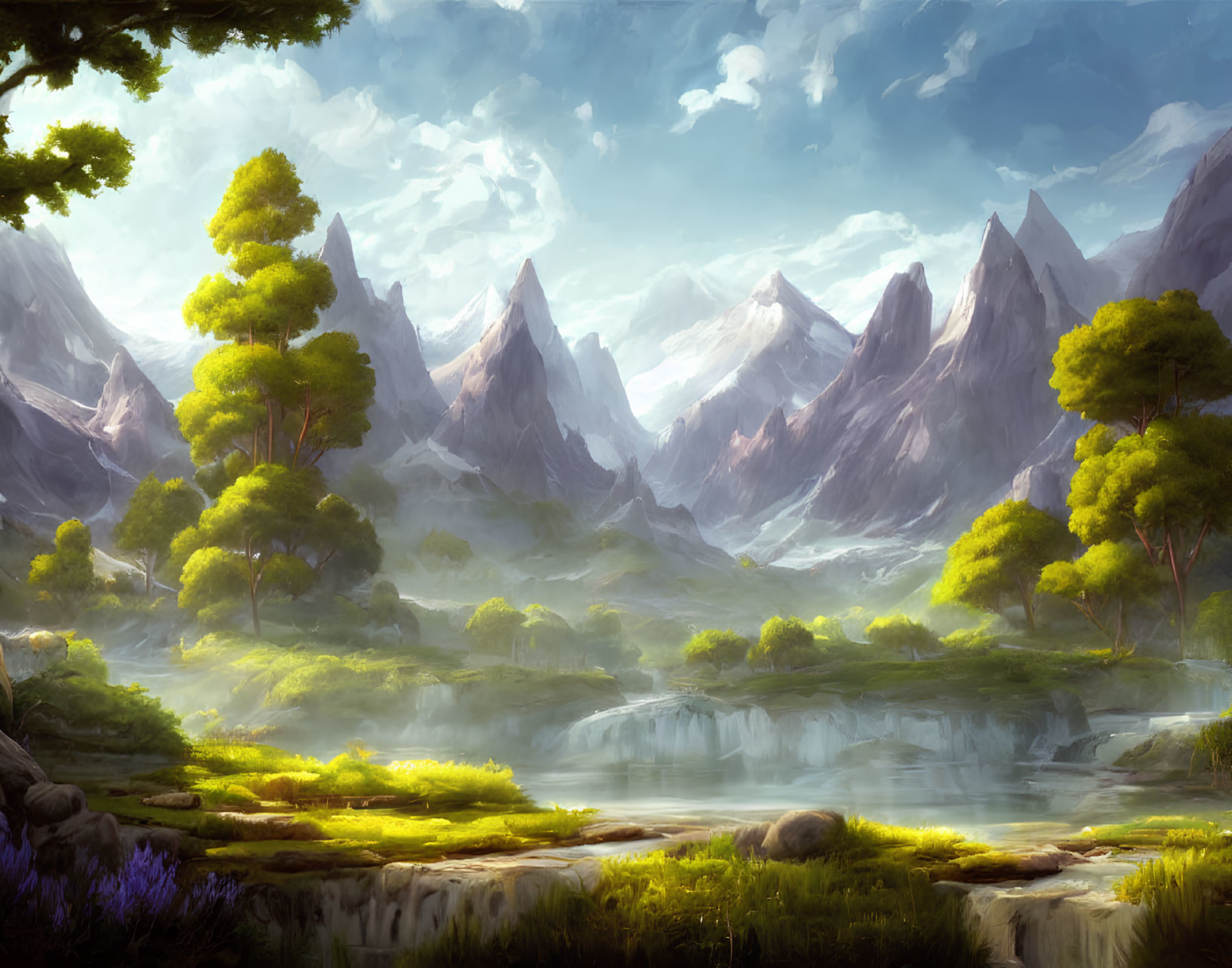 Tranquil landscape with green trees, river, purple flowers, and mountains