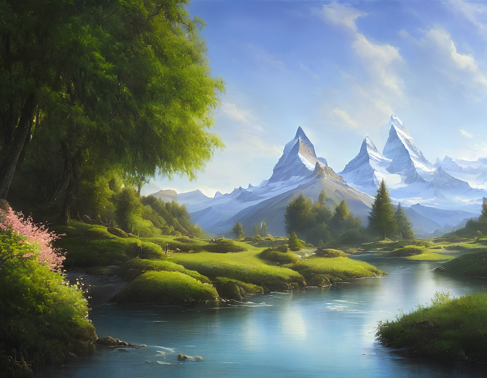 Snow-capped mountains, serene river, lush greenery, pink blossoming tree in tranquil landscape