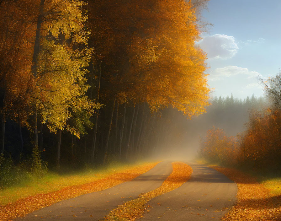 Scenic forest road in autumn sunlight