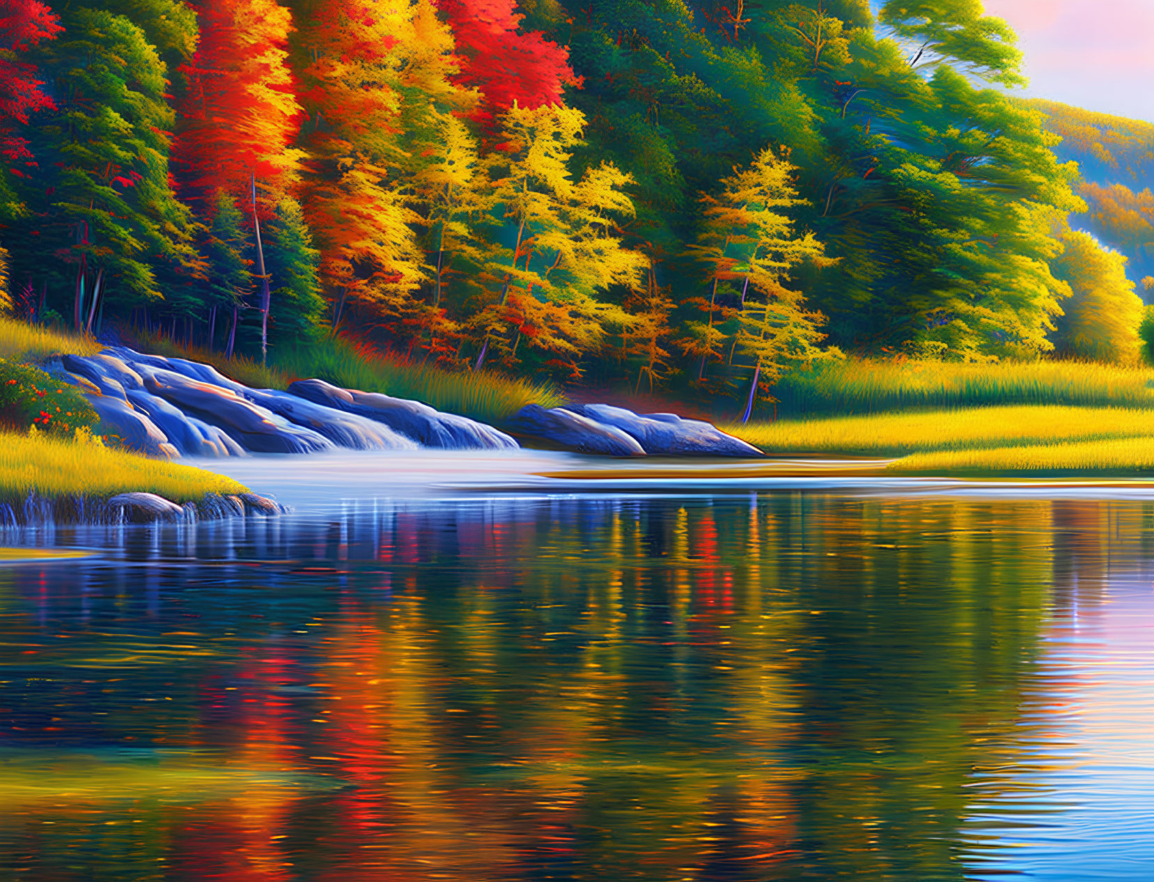 Colorful autumn trees reflected in serene lake with small cascade in tranquil forest landscape