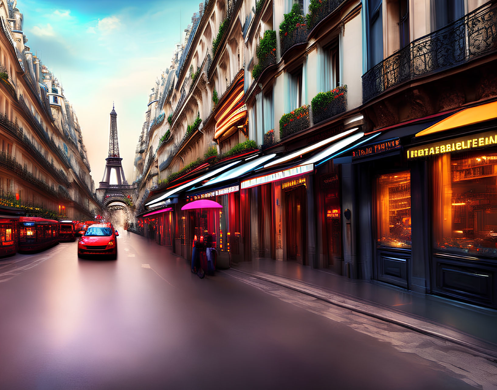 Vibrant Parisian Street at Dusk with Eiffel Tower and Red Car