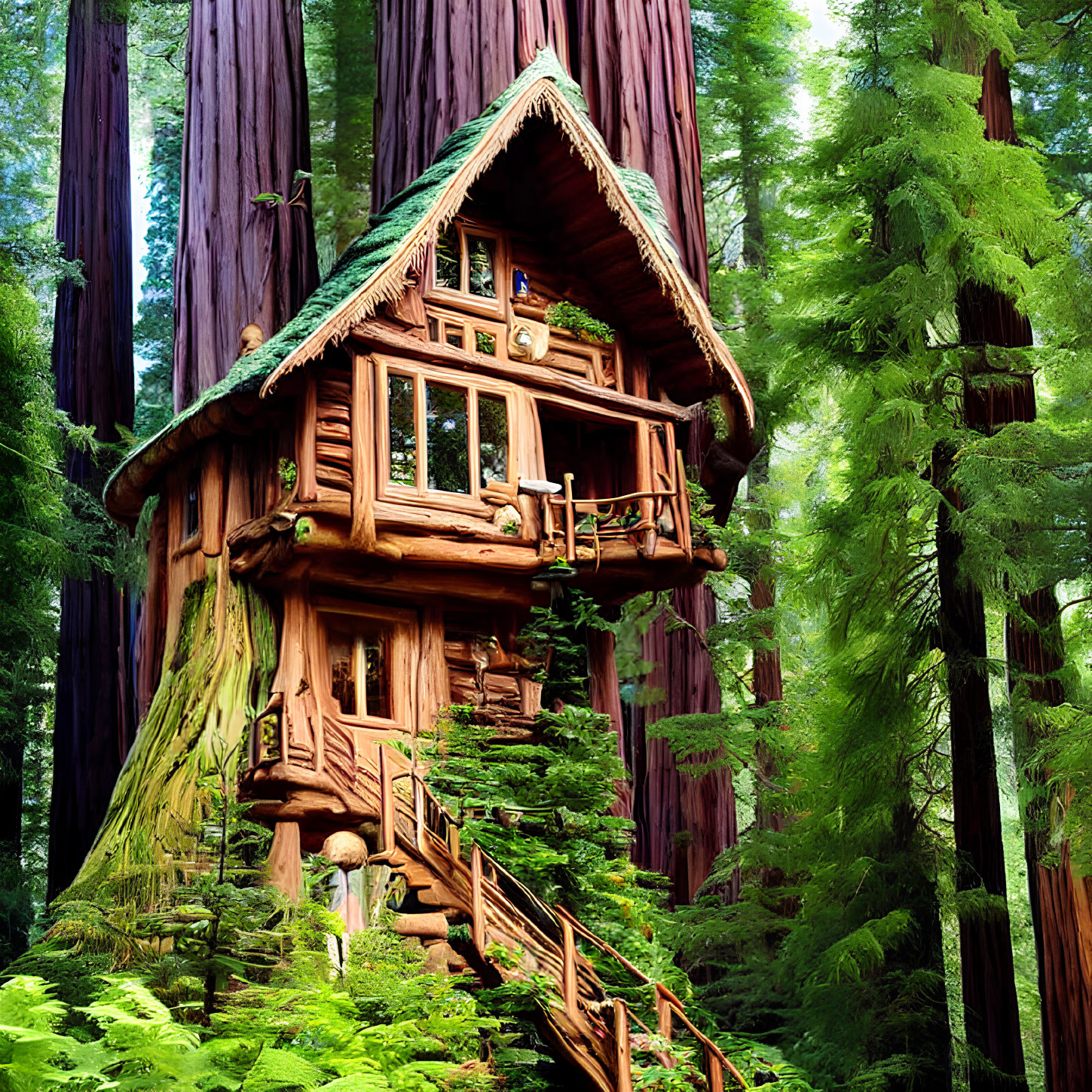 Wooden treehouse in lush forest with redwood trees and winding staircase