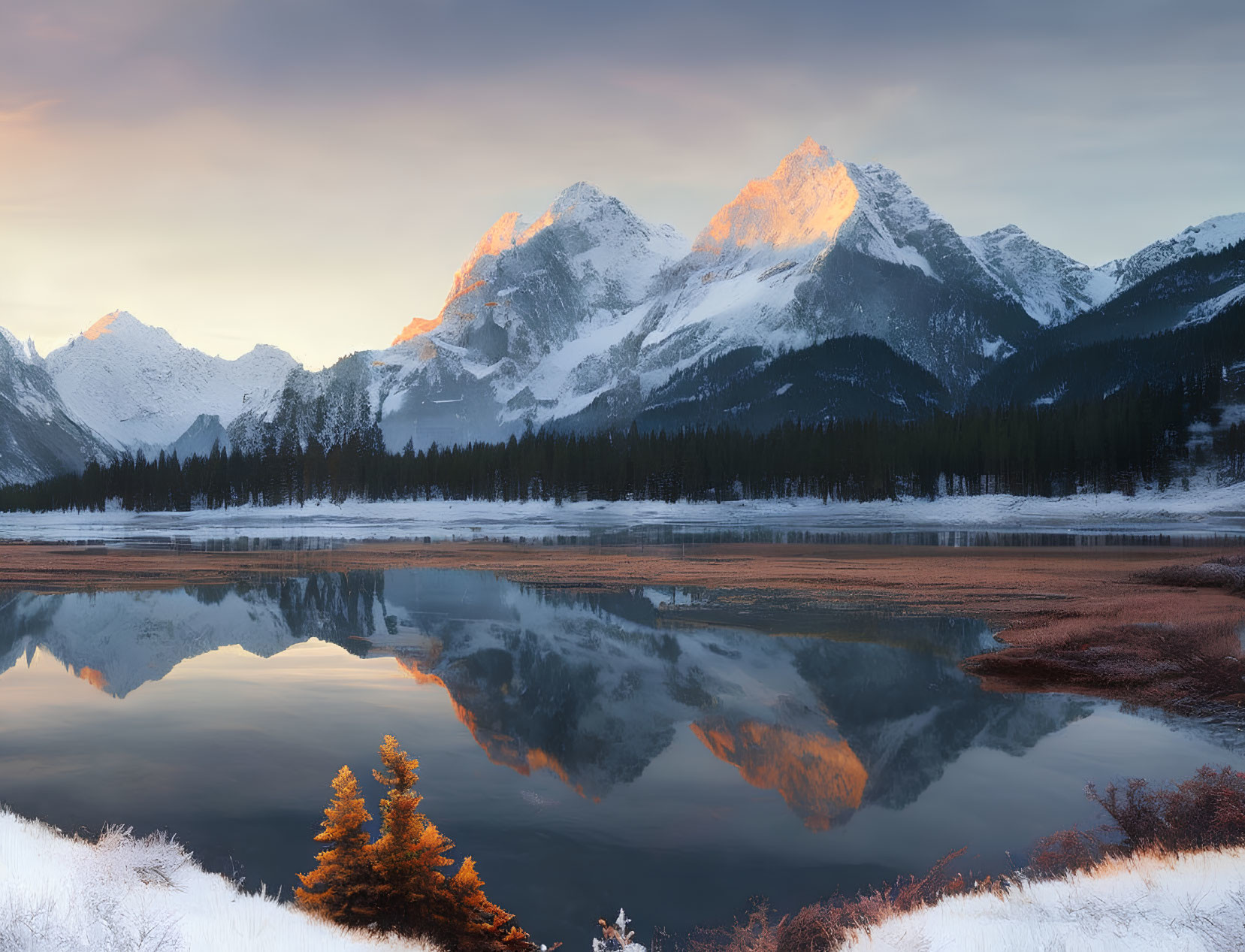 Snow-capped mountains mirrored in lake at sunrise with orange sky and evergreen tree