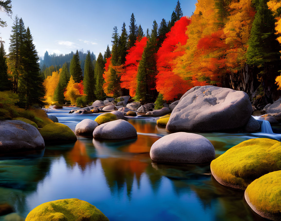 Vibrant red and yellow autumnal forest reflected in calm river