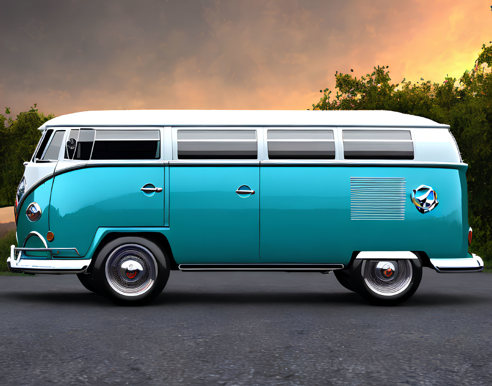 Vintage turquoise and white Volkswagen van against sunset sky