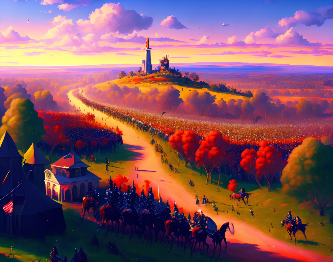 Medieval fantasy landscape with knights, castle, and sunset festival