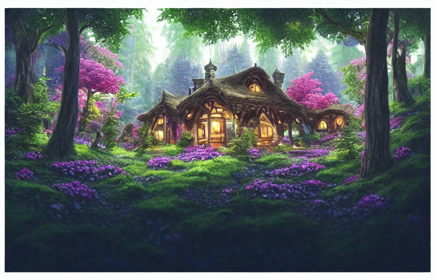 Enchanting forest glade with whimsical cottage and vibrant flora