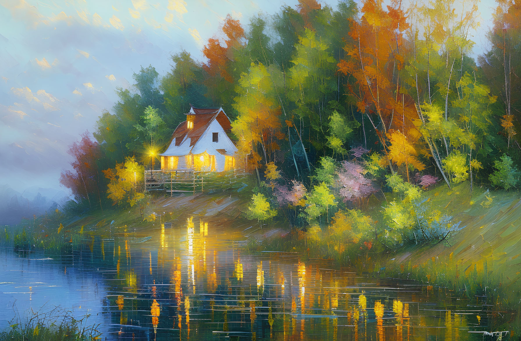 Tranquil autumn scene: cozy house by lake with colorful trees & warm lights.