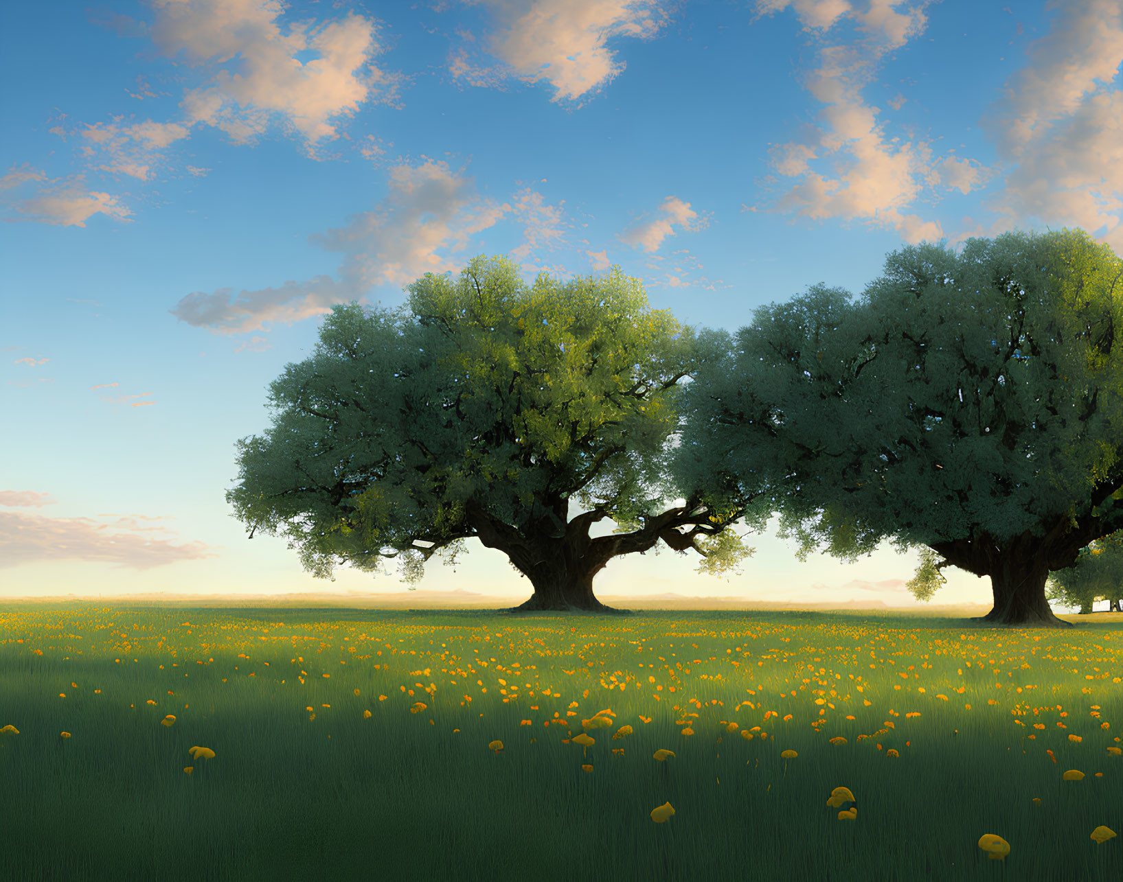 Tranquil landscape with lush trees and yellow flowers under a sunset sky