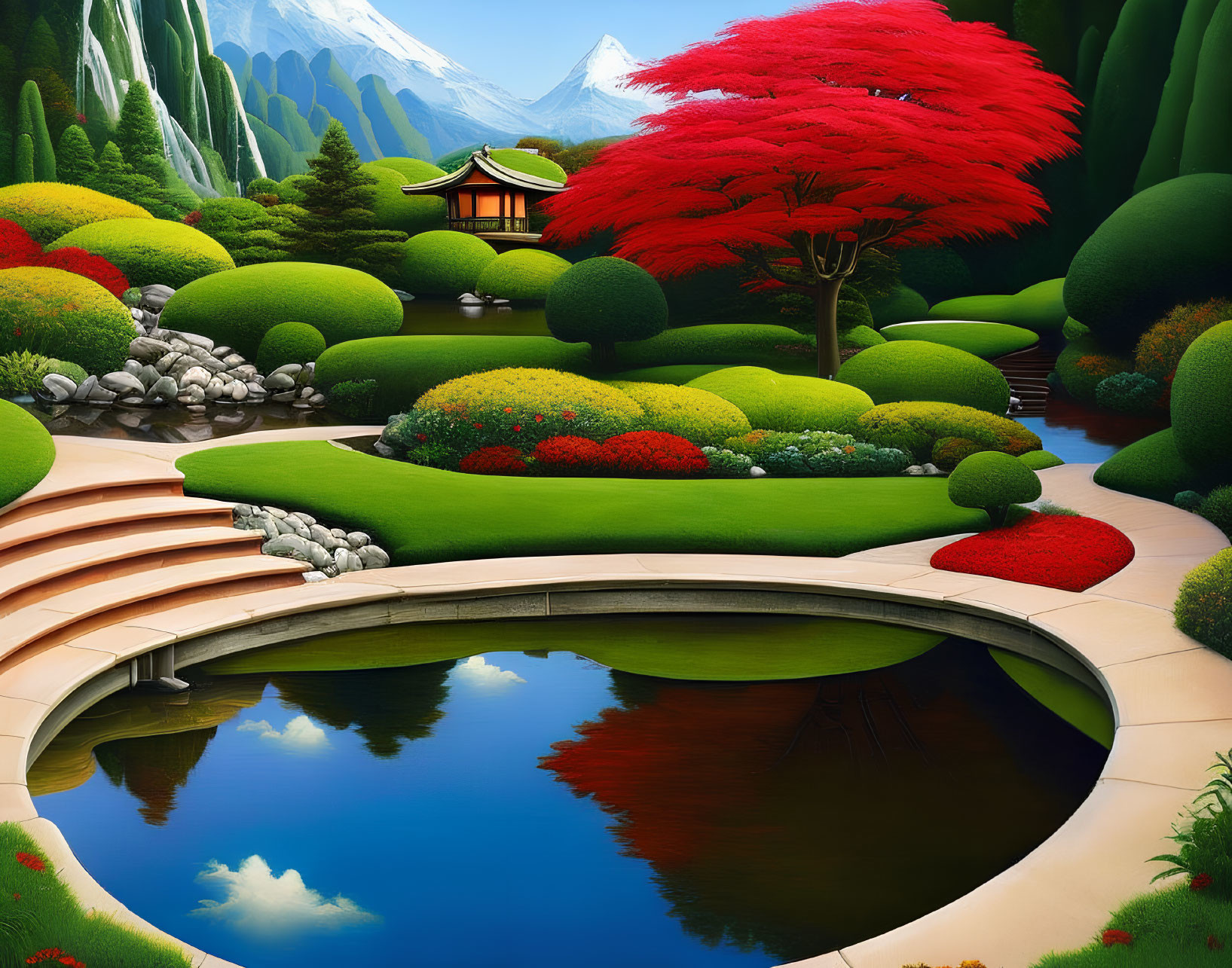 Stylized Japanese Garden with Red Tree and Stone Bridge