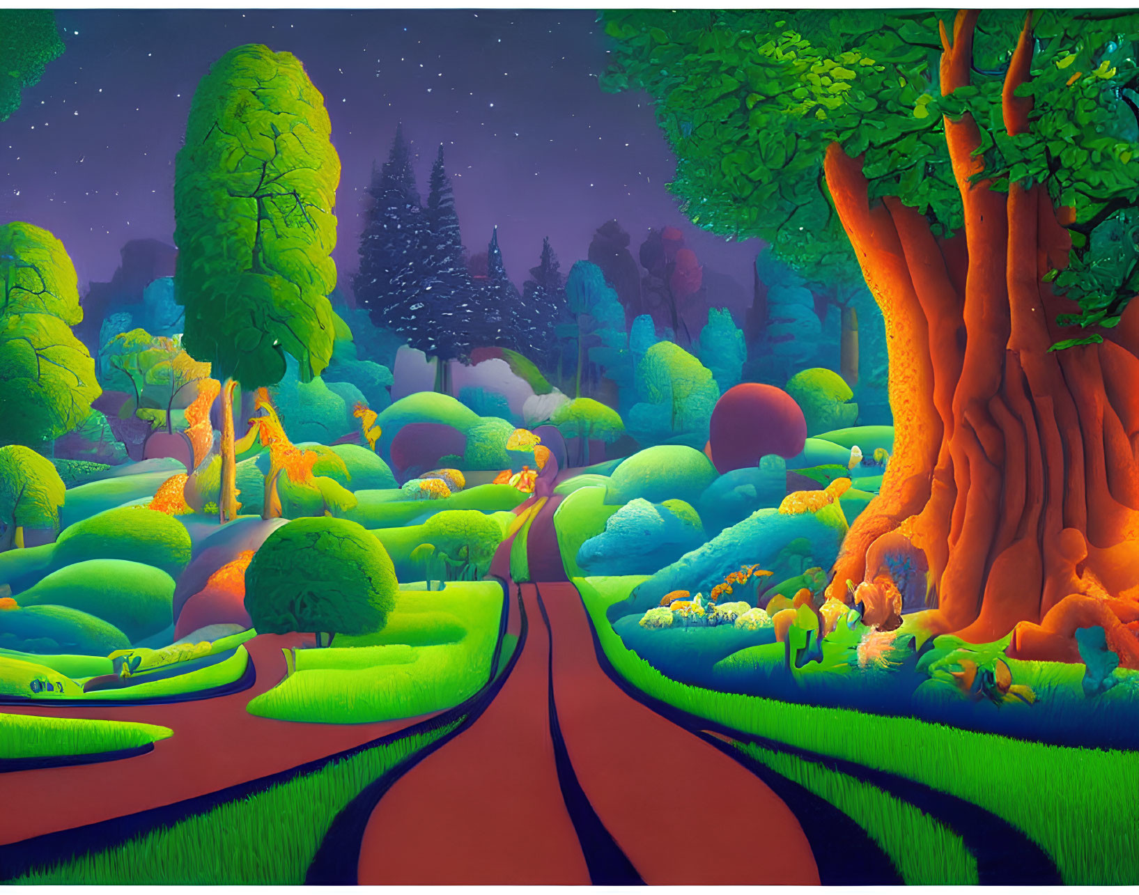 Colorful whimsical landscape with oversized vegetation under starry sky.