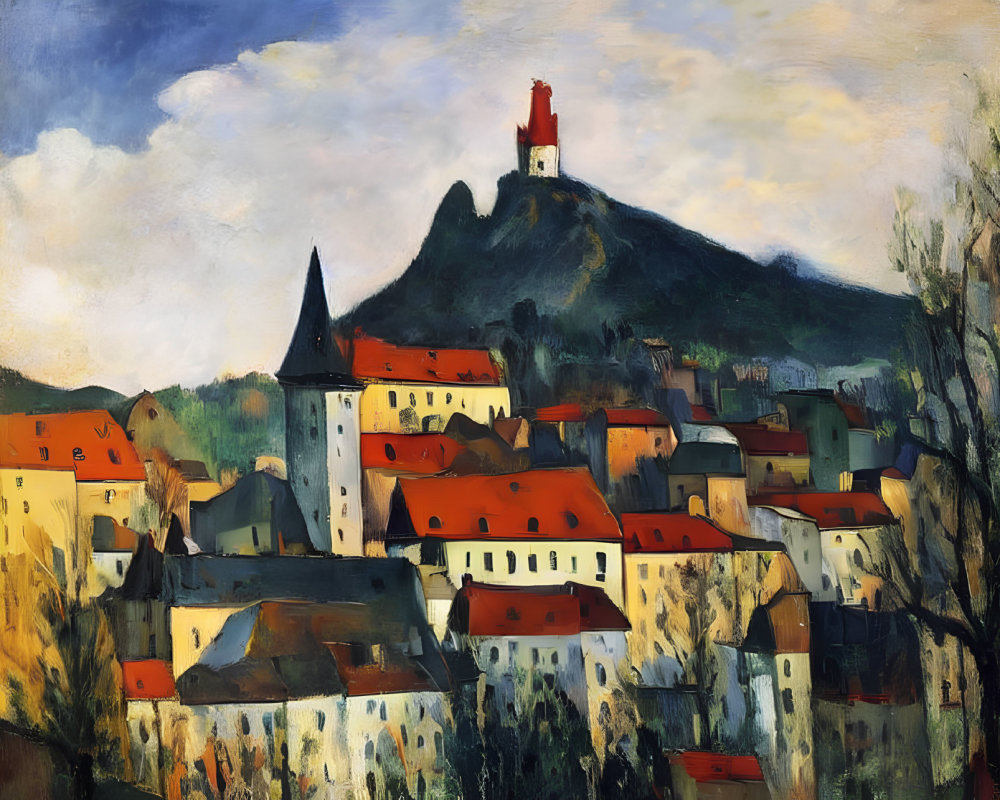 Vibrant expressionist painting of hilltop village with church spire and castle