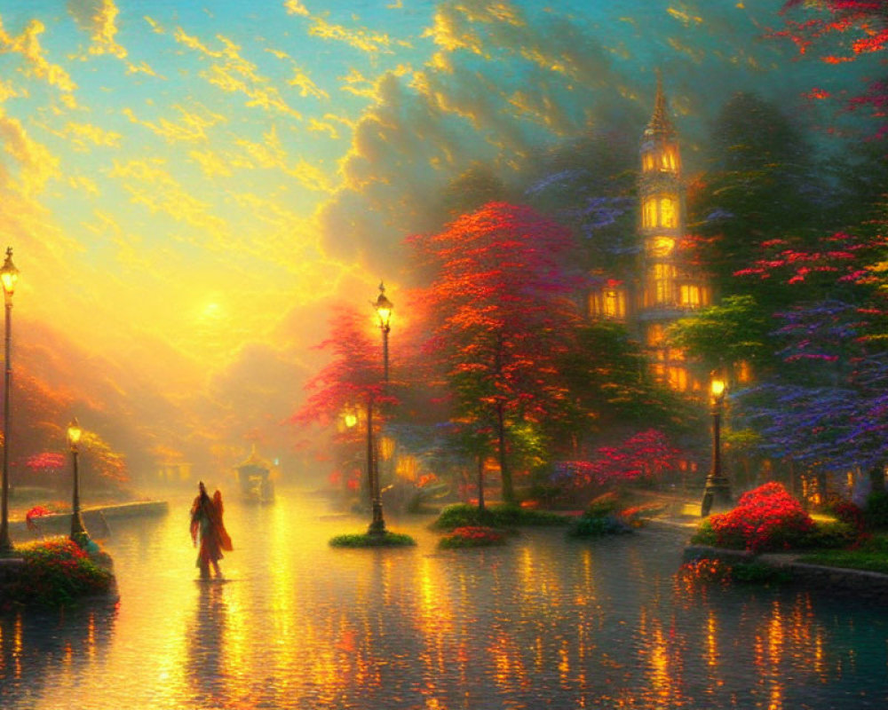 Colorful fantasy artwork: person walking by river, vibrant trees, illuminated lamps, castle under sunset.