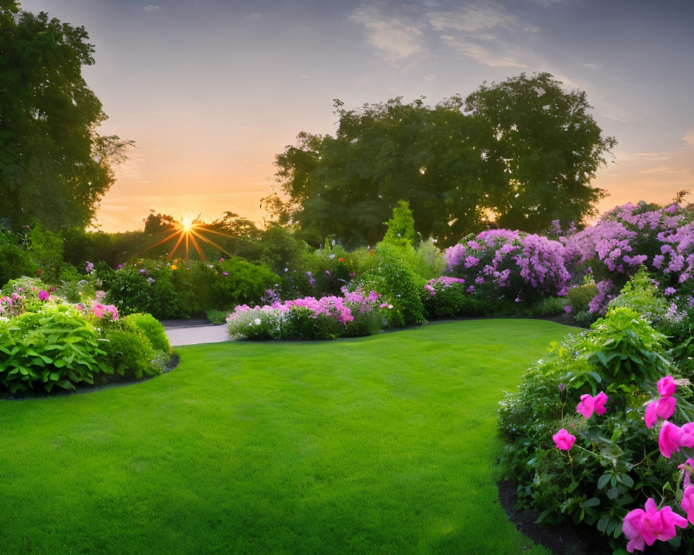 Tranquil sunset garden with vibrant flowers and lush greenery