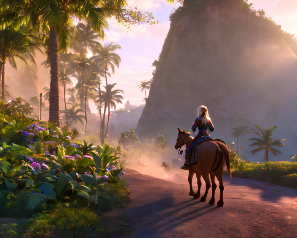 Woman on Horse Viewing Tropical Sunset Landscape