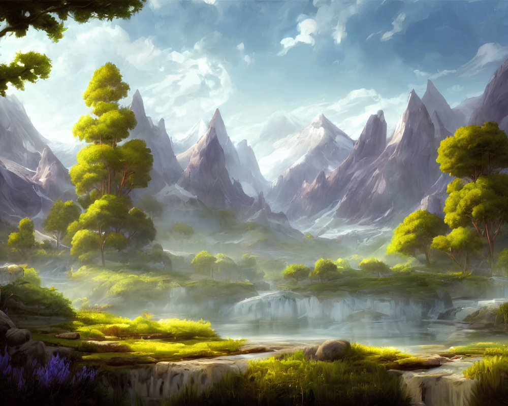 Tranquil landscape with green trees, river, purple flowers, and mountains