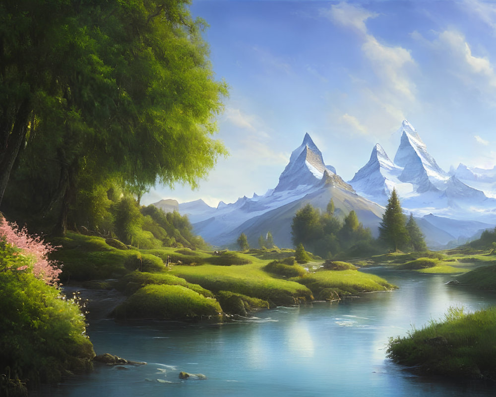 Snow-capped mountains, serene river, lush greenery, pink blossoming tree in tranquil landscape