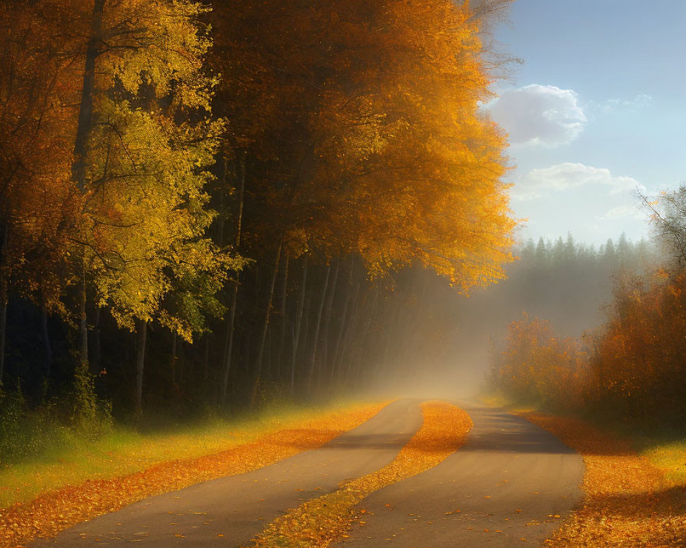 Scenic forest road in autumn sunlight