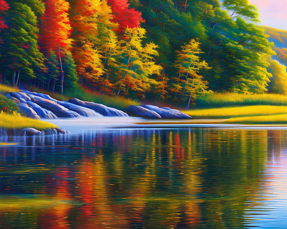 Colorful autumn trees reflected in serene lake with small cascade in tranquil forest landscape