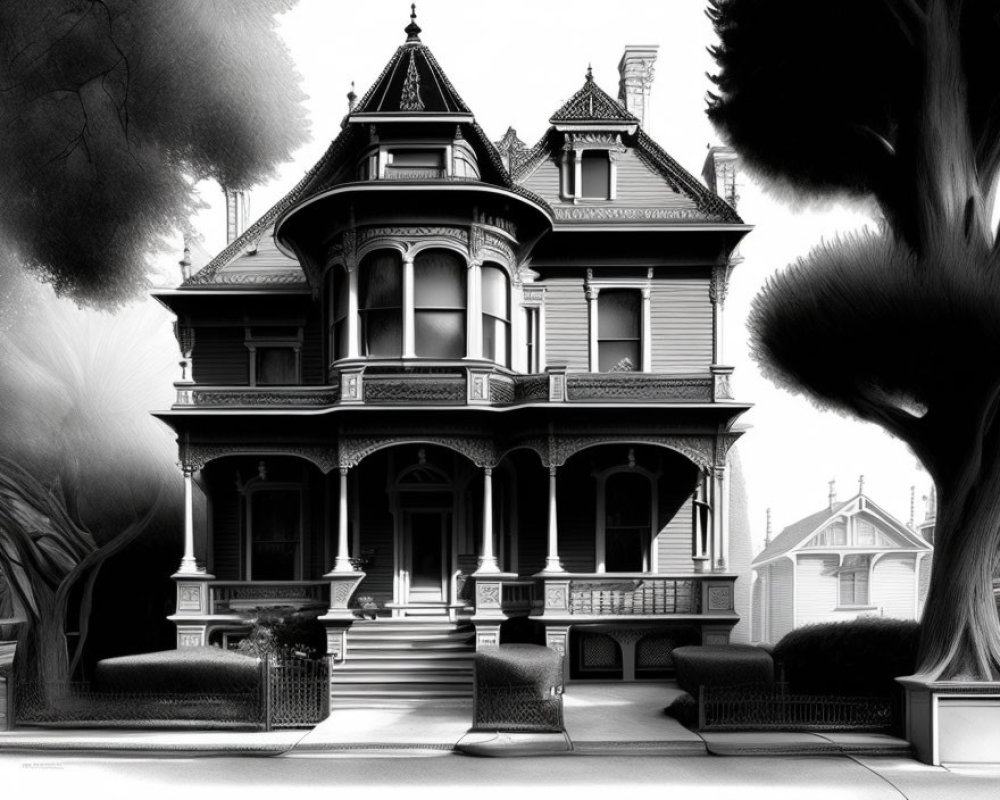 Detailed Monochrome Victorian House Illustration with Trees