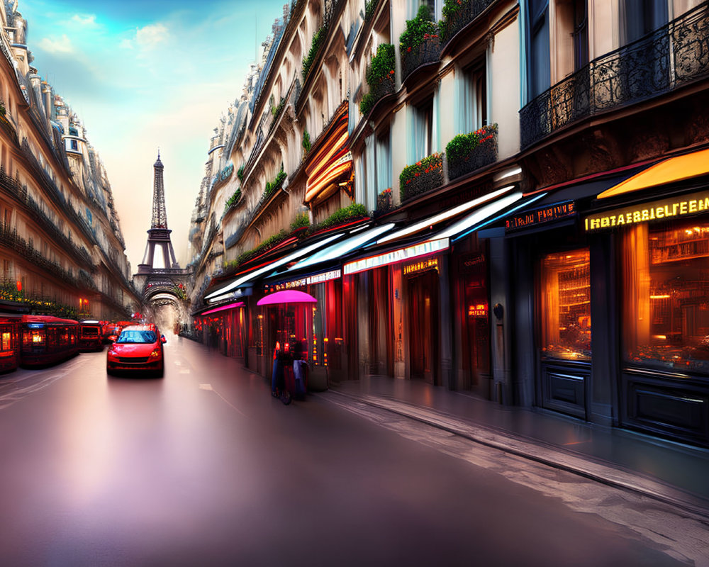 Vibrant Parisian Street at Dusk with Eiffel Tower and Red Car