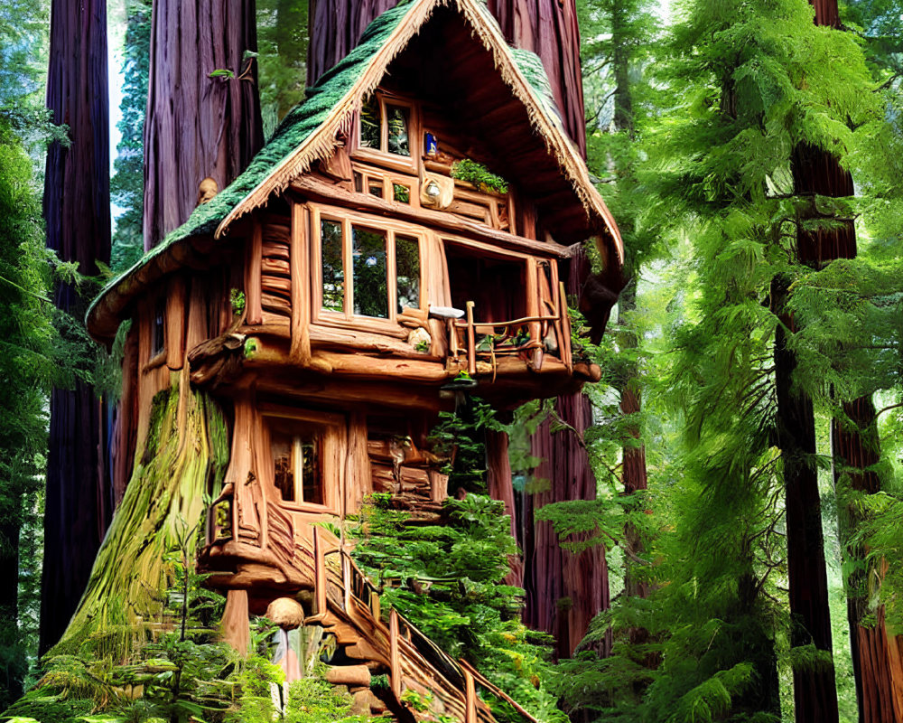 Wooden treehouse in lush forest with redwood trees and winding staircase