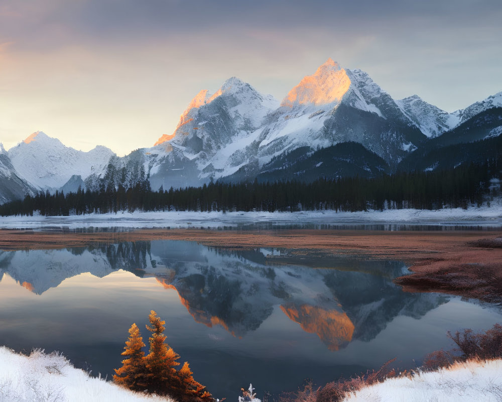 Snow-capped mountains mirrored in lake at sunrise with orange sky and evergreen tree