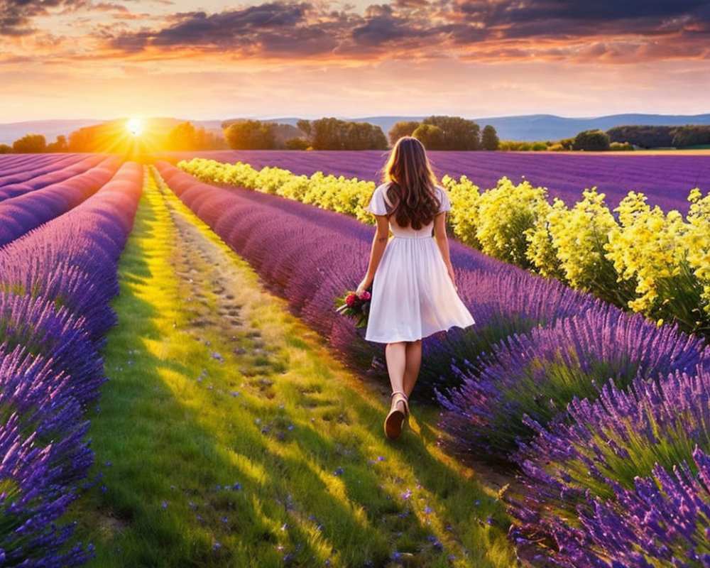 Woman in white dress strolling through vibrant lavender field at sunset