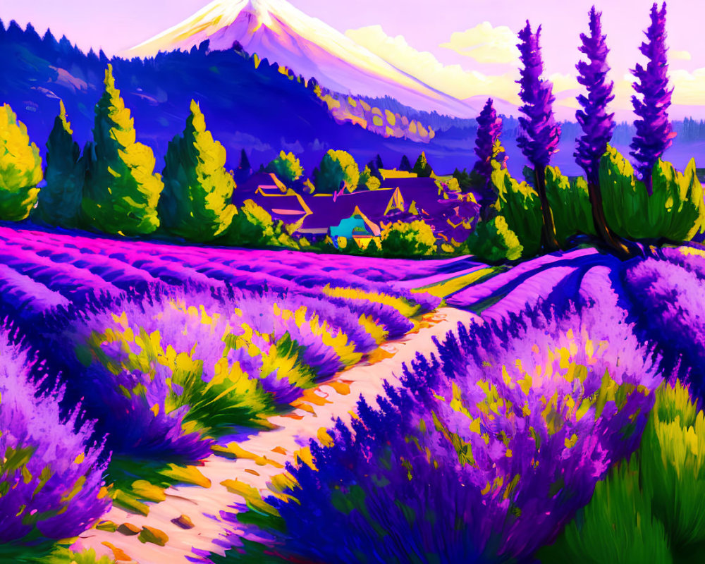 Lavender Field with Village, Pine Trees, and Snowy Mountain