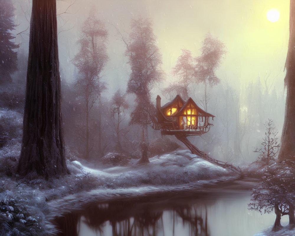 Snow-covered forest treehouse with glowing windows at sunset