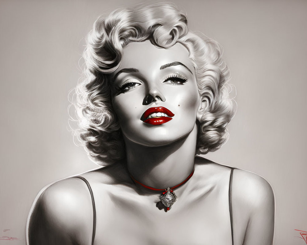 Grayscale illustration of woman with curly hair, red lips, and necklace