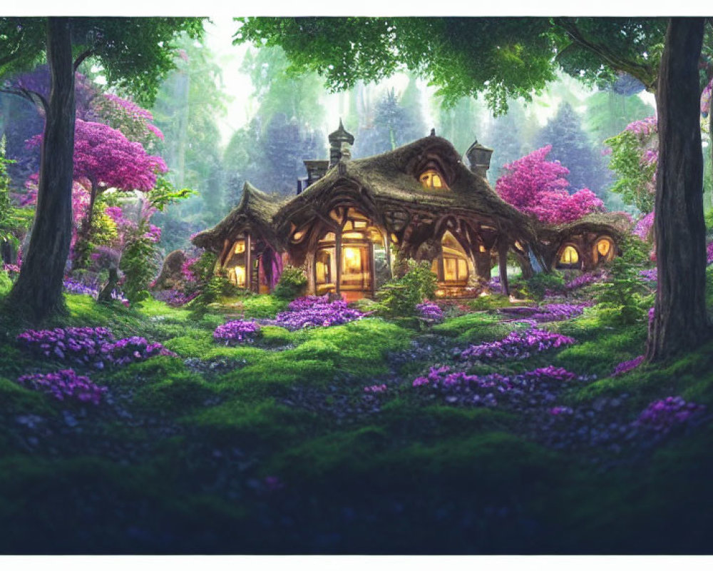 Enchanting forest glade with whimsical cottage and vibrant flora