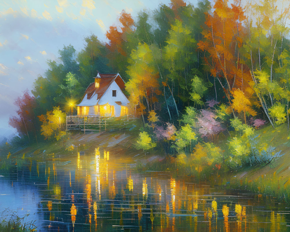 Tranquil autumn scene: cozy house by lake with colorful trees & warm lights.