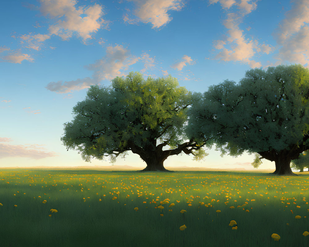 Tranquil landscape with lush trees and yellow flowers under a sunset sky