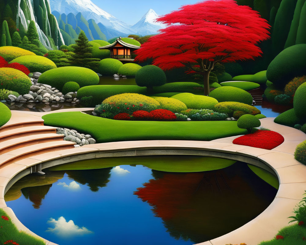 Stylized Japanese Garden with Red Tree and Stone Bridge